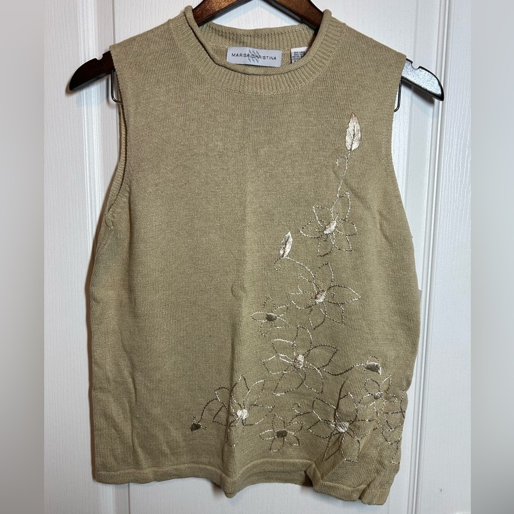 Marisa Christina Tan Floral Embroidered Tank Top -Size Small Line Cotton NWT NOS